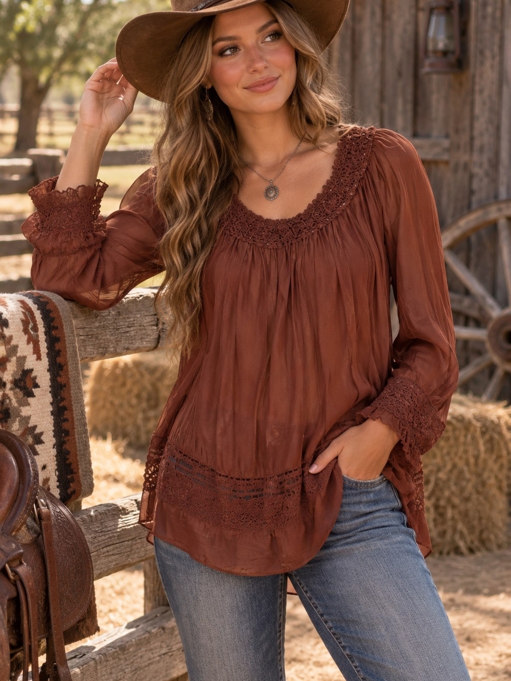 Western Crochet-Trim Peasant Blouse in Rust Orange BoHo